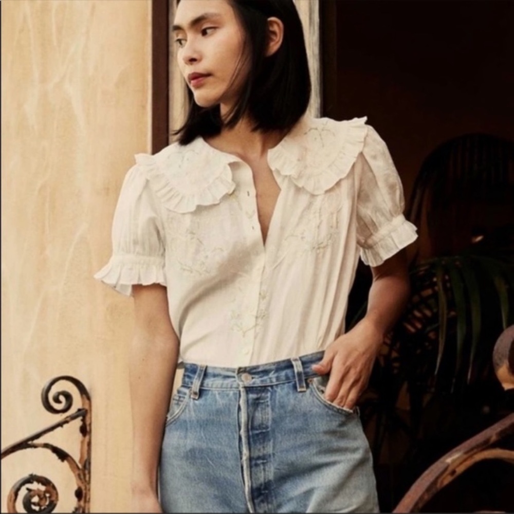 SOLD OUT DOEN SENA blouse - Himalayan salt with blue & pink embroidery. (s)